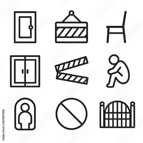Isolation Icon Set. Outline icon set of isolation: locked door, quarantine sign, empty chair, closed window, barrier tape,