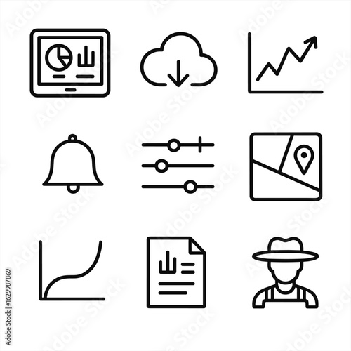 Data Analysis Icons. Outline icon set of data analysis and farm management: tablet dashboard, cloud storage, analytics chart,