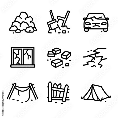 Collapse Aftermath Icons. Outline icon set of collapse aftermath: rubble pile, broken furniture, damaged car, broken windows,
