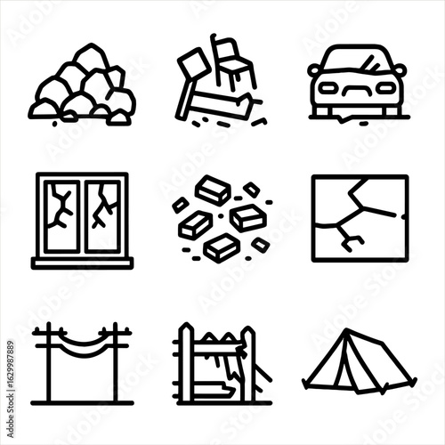 Collapse Aftermath Icons. Outline icon set of collapse aftermath: rubble pile, broken furniture, damaged car, broken windows,