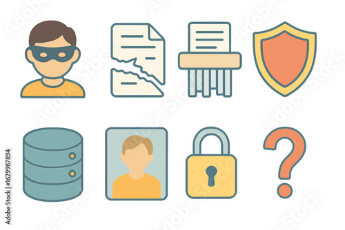 Data Anonymization Icons. Flat vector mini-illustrations user data anonymization process in colors children's illustrations: