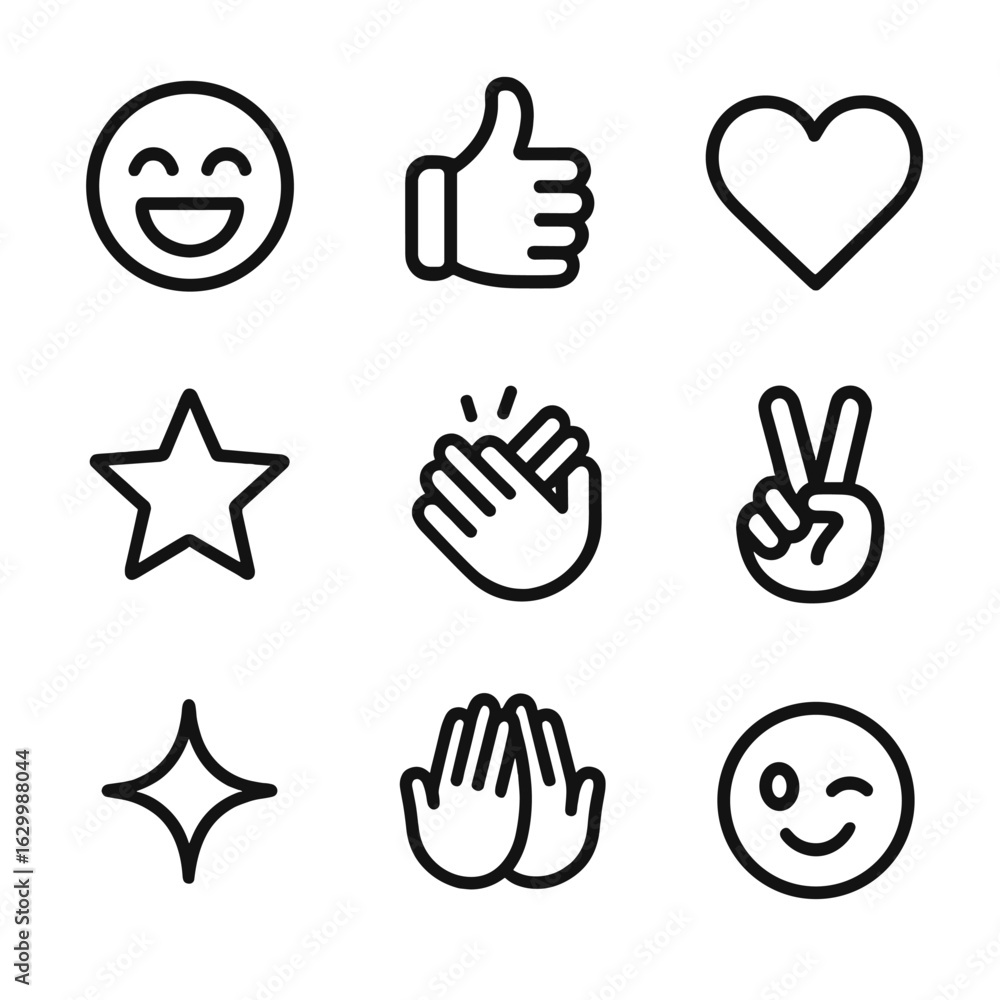 Fototapeta premium Joyful Icons Set. Outline icon set of yay emotions: joyful face, thumbs up, heart, star, clapping hands, peace sign, sparkle, high
