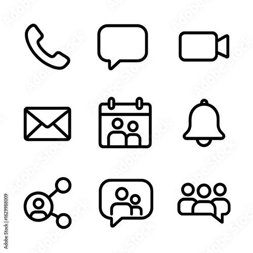 Communication Icon Set. Outline icon set of kin communication: phone call, message bubble, video call, mail envelope, chat, family