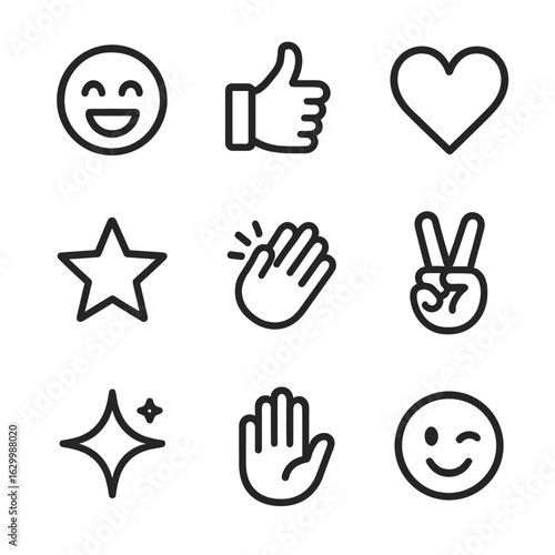 Joyful Icons Set. Outline icon set of yay emotions: joyful face, thumbs up, heart, star, clapping hands, peace sign, sparkle, high