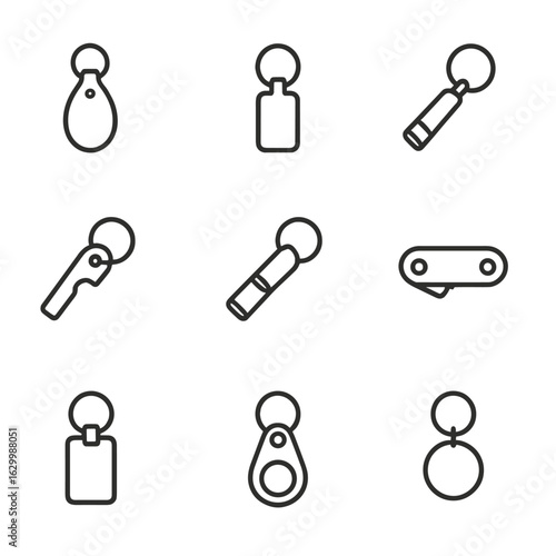 Key Accessory Icons. Outline icon set of key accessories: leather fob, metal tag, mini flashlight, bottle opener, whistle keychain