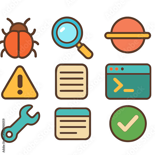 Debugging Tools Illustrations. Flat vector mini-illustrations debugging and error fixing in colors children's illustrations: bug