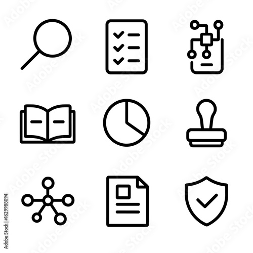 Decentralized Charity Audit Icons. Outline icon set of decentralized charity auditing: magnifying glass, checklist, smart contract