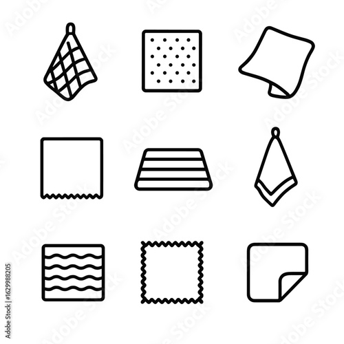 Kitchen Cleaning Icons. Outline icon set of kitchen cleaning fabrics: dish towel, sponge cloth, cotton rag, microfiber square,