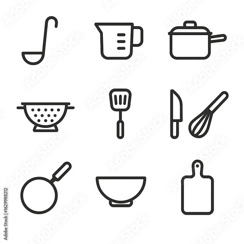 Kitchen Tools Icons. Outline icon set of ladle and kitchen tools combo: ladle, measuring cup, saucepan, colander, spatula, knife,