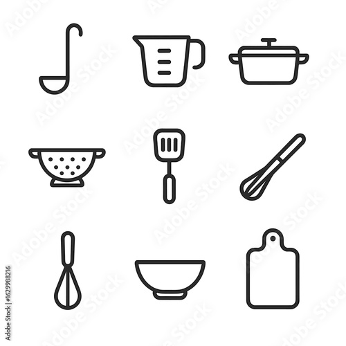 Kitchen Tools Icons. Outline icon set of ladle and kitchen tools combo: ladle, measuring cup, saucepan, colander, spatula, knife,