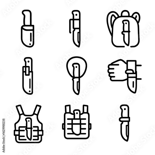 Knife Carrying Icons. Outline icon set of field knife carrying options: belt sheath, pocket clip, backpack loop, MOLLE attachment,