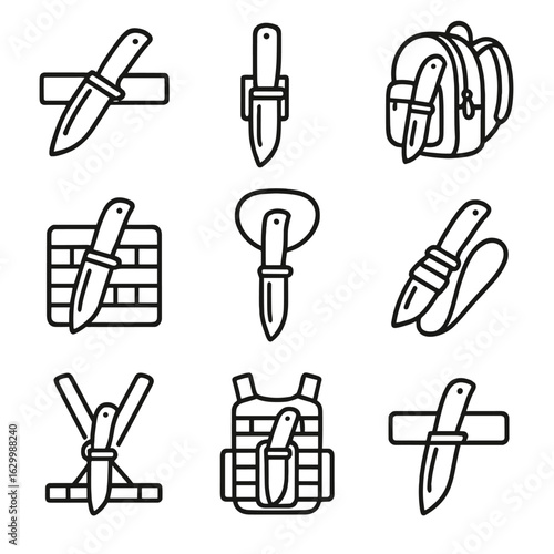 Knife Carrying Icons. Outline icon set of field knife carrying options: belt sheath, pocket clip, backpack loop, MOLLE attachment,