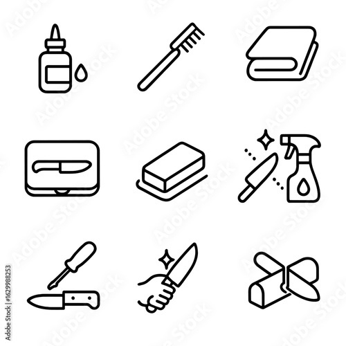 Knife Maintenance Icons. Outline icon set of knife maintenance: oil bottle, cleaning brush, cloth, storage case, sharpening stone,