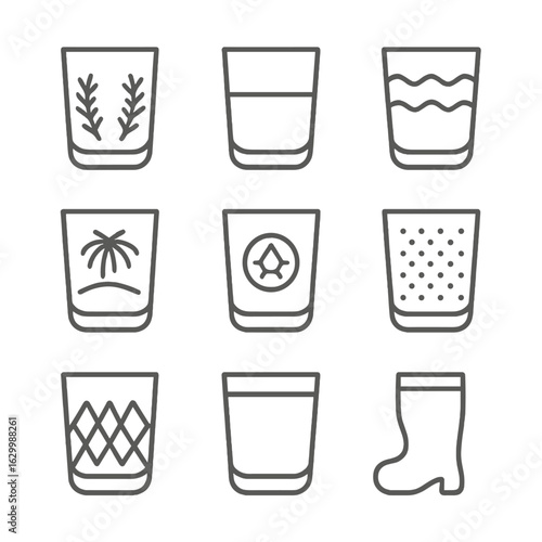 Decorative Glass Icons. Outline icon set of decorative and novelty glasses: etched glass design, colored glass tint, textured