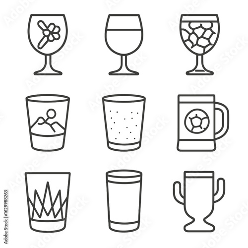 Decorative Glass Icons. Outline icon set of decorative and novelty glasses: etched glass design, colored glass tint, textured