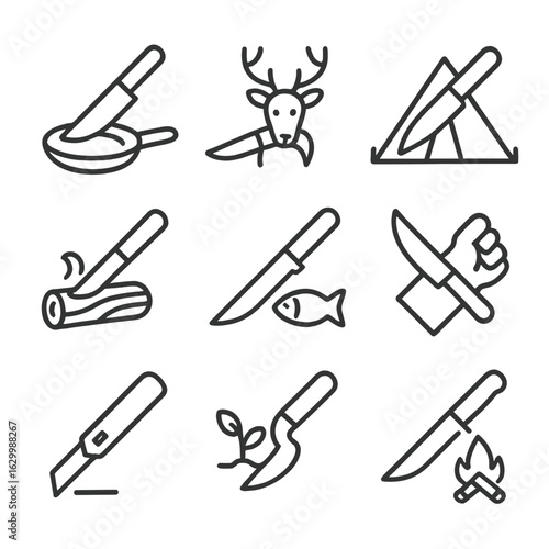 Knife Use Icons. Outline icon set of knife uses: cooking, hunting, camping, carving, fishing, self-defense, crafting, gardening,