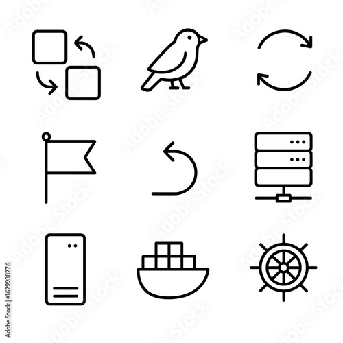 Deployment Icon Set. Outline icon set of deployment strategies and environments: blue-green switch, canary bird, rolling update