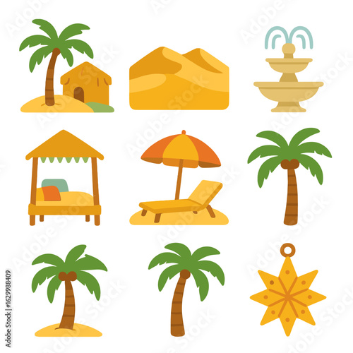 Desert Oasis Icons. Flat vector mini-illustrations desert oasis resort stays in colors children's illustrations: palm oasis, sand