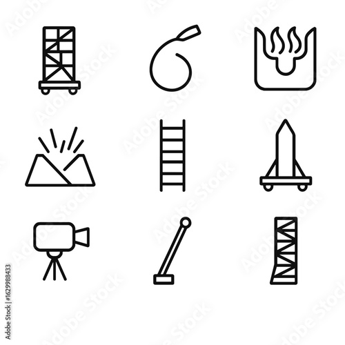 Launch Equipment Icons. Outline icon set of launch equipment: mobile gantry, fueling hose, flame trench, blast deflector, access