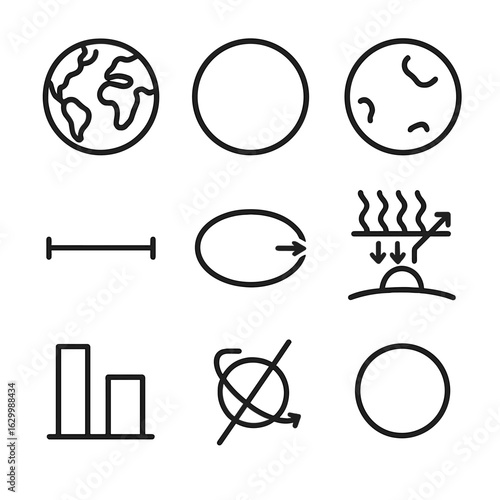 Comparative Planetology Icons. Outline icon set of comparative planetology: Earth silhouette, Venus silhouette, Mars silhouette,