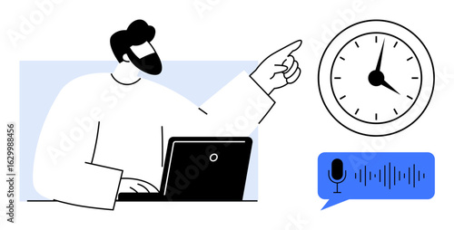 Man working on a laptop, pointing at a clock, with a voice assistant highlighting productivity. Ideal for time management, task planning, technology use, productivity, voice search, remote work