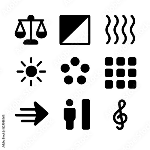Composition Theory Icons. Solid, filled icon set of composition theory concepts: balance, contrast, rhythm, emphasis, unity,