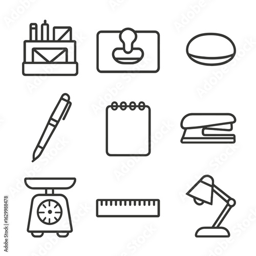 Desk Accessory Icons. Outline icon set of desk accessories for correspondence: desk organizer, blotter pad, paperweight, fountain
