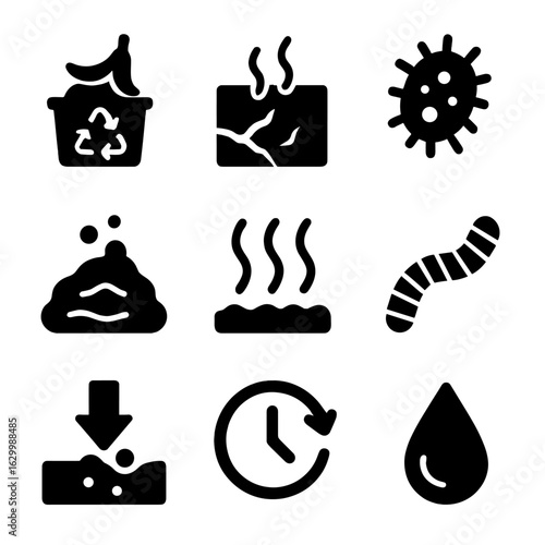 Composting Process Icons. Solid, filled icon set of composting and breakdown stages: item in compost bin, decay icon,