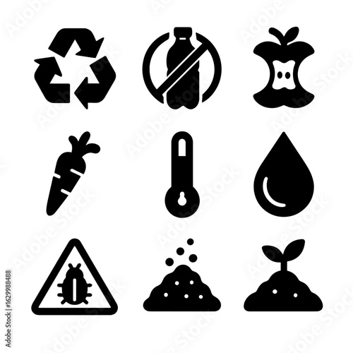 Composting Icon Set. Solid, filled icon set of composting signage: recycle, no plastic, organic only, no meat, temperature gauge,