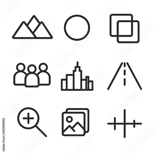 Layered Mountain Icons. Outline icon set of compression effect: layered mountains, flat moon, overlapping objects, silhouette