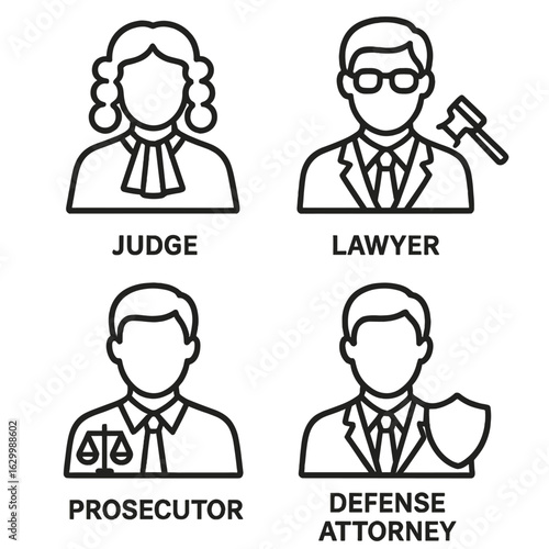 Legal Professionals Icons. Outline icon set of legal professionals: judge, lawyer, prosecutor, defense attorney,