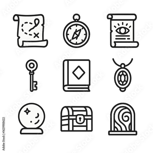 Legendary Quest Icons. Outline icon set of legendary quests: treasure map, magic compass, scroll of prophecy, secret key, ancient