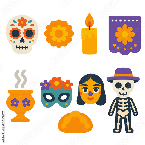Día de los Muertos Icons. Flat vector mini-illustrations Día de los Muertos remembrance in colors children's illustrations: sugar
