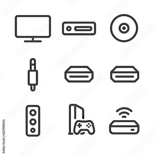 Device Icon Set. Outline icon set of device and input selectors: TV, DVD, Blu-ray, AUX, HDMI1, HDMI2, AV, gaming console,