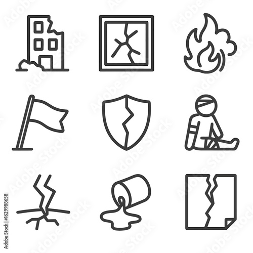 Conflict Aftermath Icons. Outline icon set of conflict aftermath: destroyed building, broken glass, fire smoke, fallen flag,