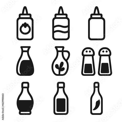 Condiments Icon Set. Solid, filled icon set of condiments: ketchup, mustard, mayonnaise, soy sauce, olive oil, salt, pepper,