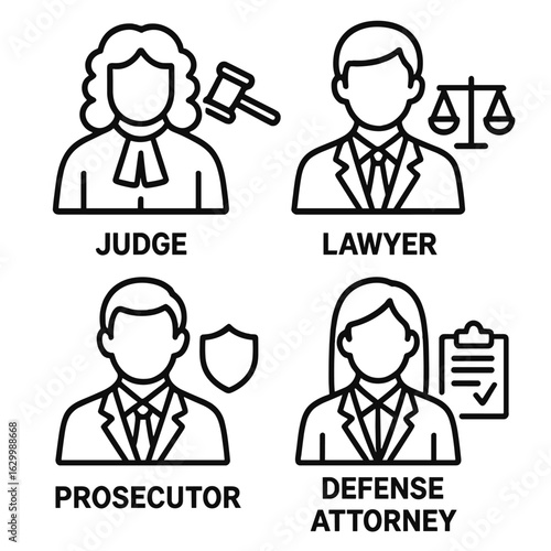 Legal Professionals Icons. Outline icon set of legal professionals: judge, lawyer, prosecutor, defense attorney,