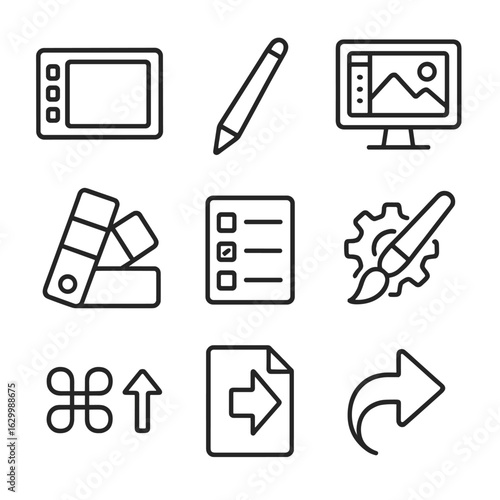 Digital Art Icon Set. Outline icon set of digital art workshop interfaces: graphics tablet, stylus pen, monitor display, color