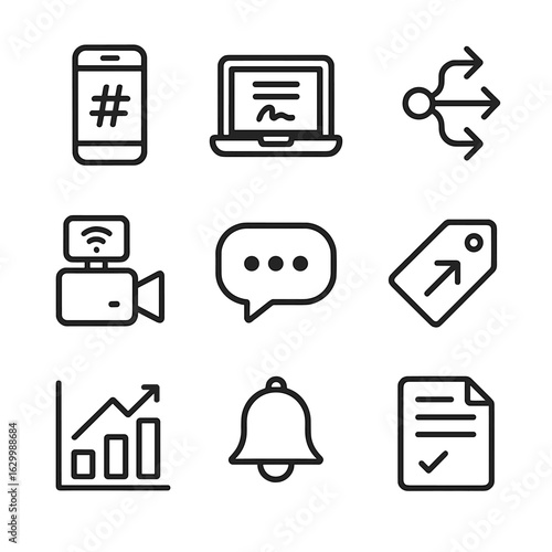 Digital Advocacy Icons. Outline icon set of digital advocacy tools: smartphone with hashtag, laptop petition screen, social share