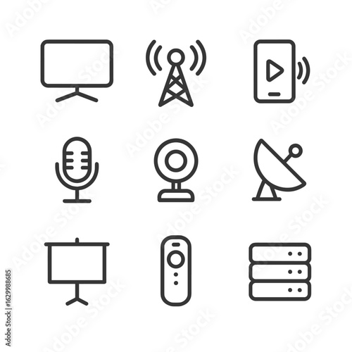 Digital Broadcasting Icons. Outline icon set of digital broadcasting platforms: television screen, radio tower, smartphone