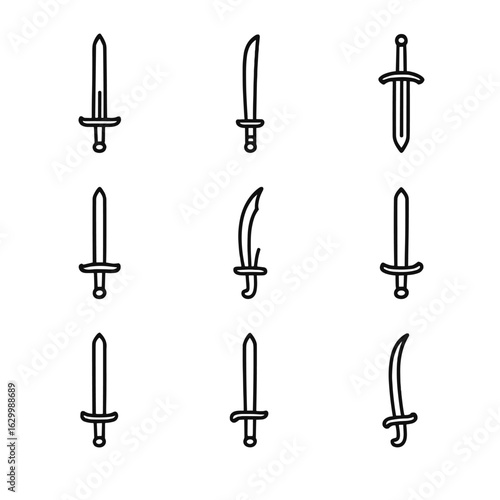 Legendary Swords Icon Set. Outline icon set of famous swords and legends: Excalibur, Masamune, Kusanagi, Joyeuse, Zulfiqar,