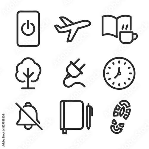 Digital Detox Icons. Outline icon set of digital detox techniques: smartphone power-off button, airplane mode icon, book and cup,