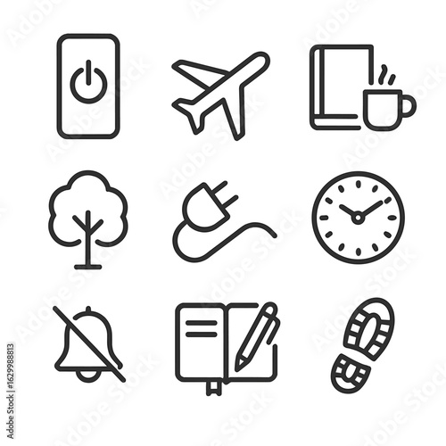 Digital Detox Icons. Outline icon set of digital detox techniques: smartphone power-off button, airplane mode icon, book and cup,