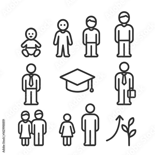 Life Stage Icons. Outline icon set of kin growth and development: baby, toddler, child, teenager, adult, graduation cap, career,