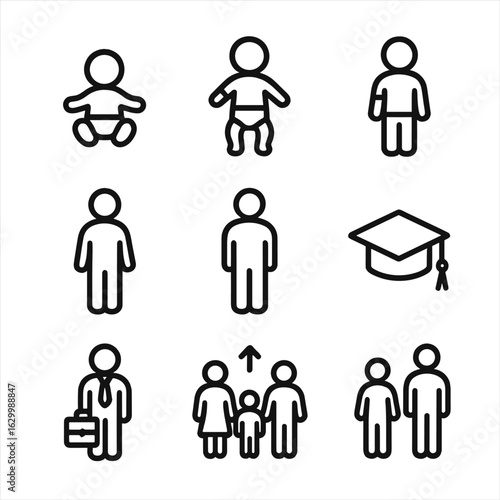 Life Stage Icons. Outline icon set of kin growth and development: baby, toddler, child, teenager, adult, graduation cap, career,