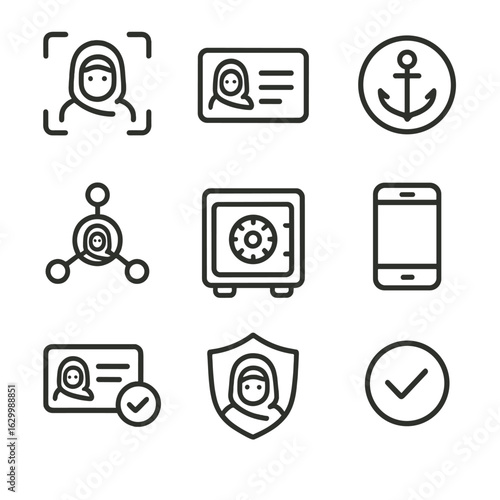 Digital Identity Icons. Outline icon set of digital identity for refugees: biometric scan, ID card, trust anchor, decentralized ID