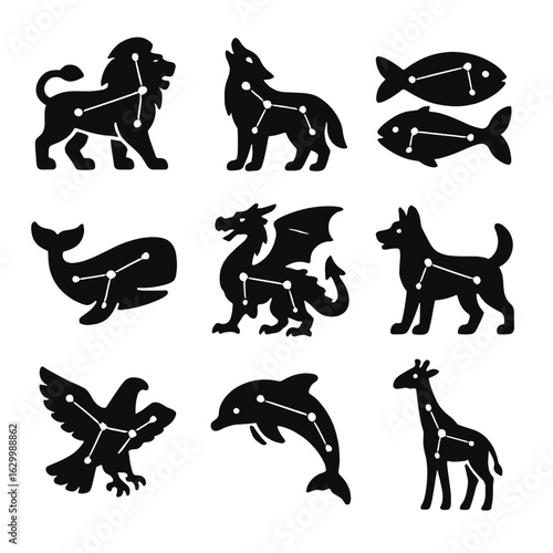 Constellation Animals Icons. Solid, filled icon set of constellation animals: Leo (lion), Lupus (wolf), Pisces (fish), Cetus