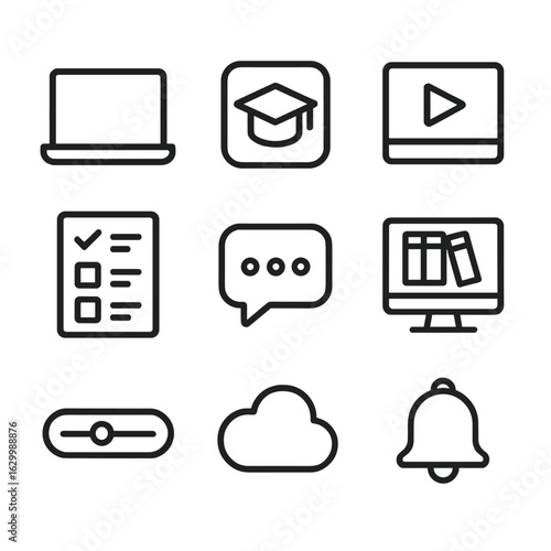 Digital Learning Tools Icons. Outline icon set of digital learning tools: laptop screen, educational app icon, video tutorial play