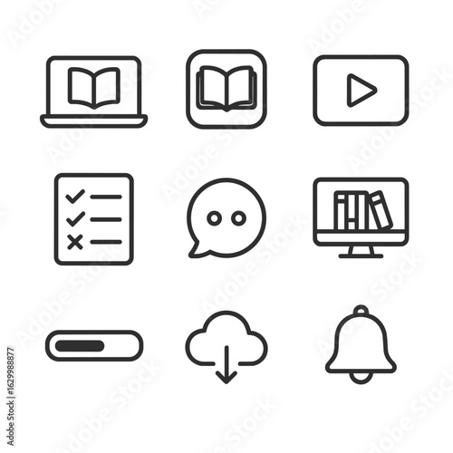 Digital Learning Tools Icons. Outline icon set of digital learning tools: laptop screen, educational app icon, video tutorial play
