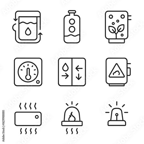 Life Support Icons. Outline icon set of life support systems: water recycler, oxygen generator, CO₂ scrubber, temperature